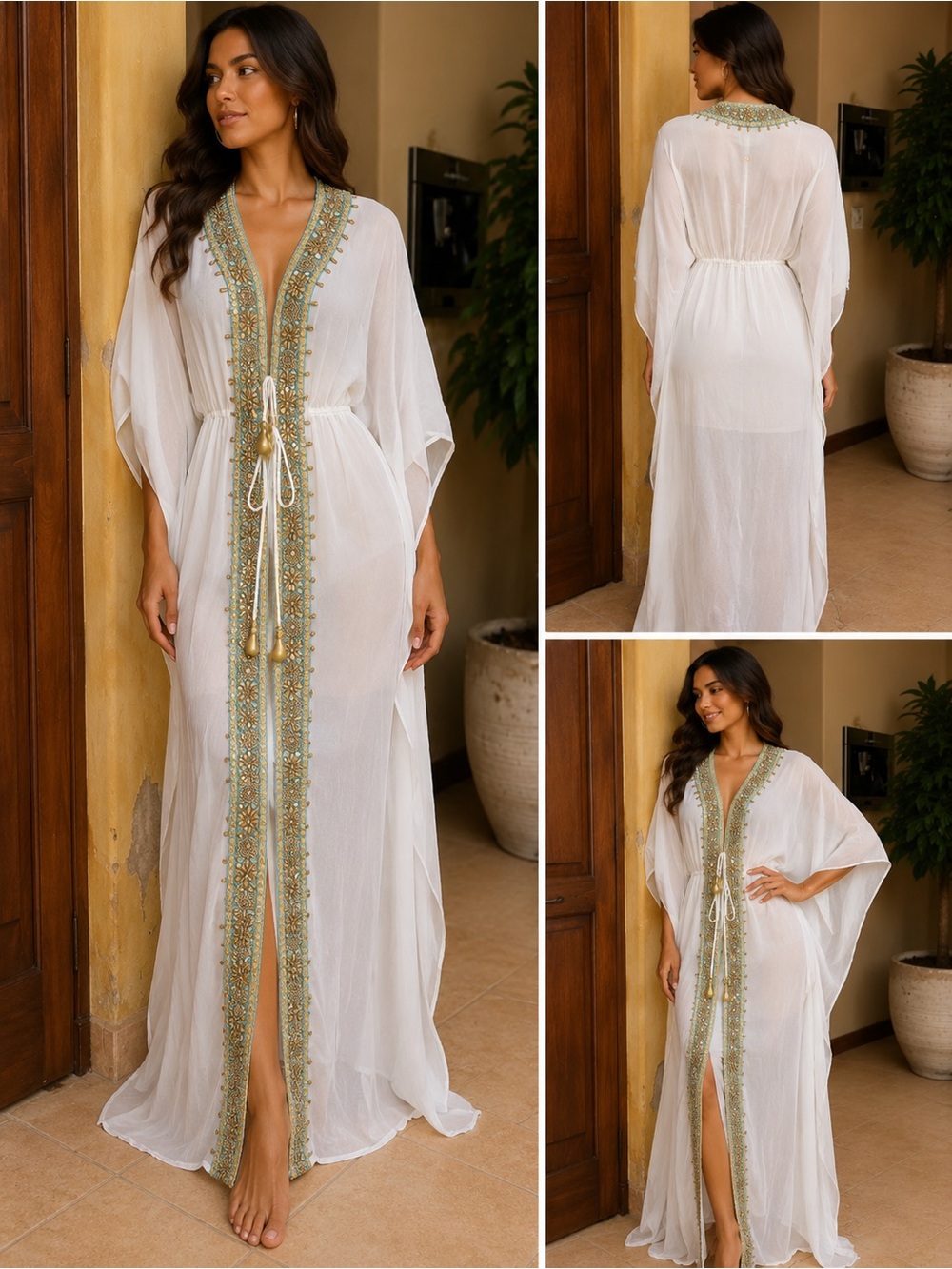 NWT White Embellished Kaftan with Adjustable Tie Waist One Size